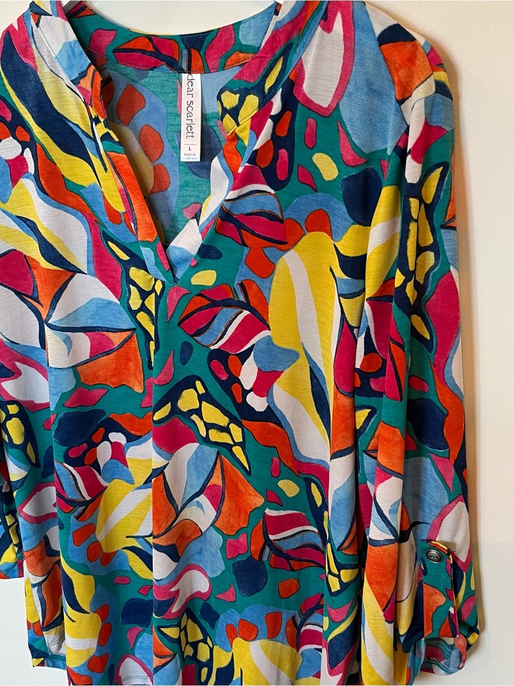 Dear Scarlett Lizzy Top 3/4 Sleeve Tropical V Neck Womens Large Relaxed Flowy - Picture 2 of 7